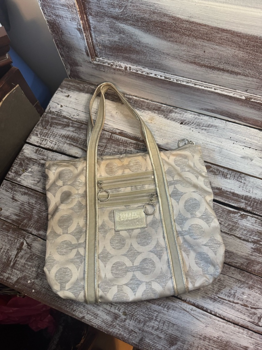 Coach Poppy Metallic Signature Canvas Tote in Ivory and Silver